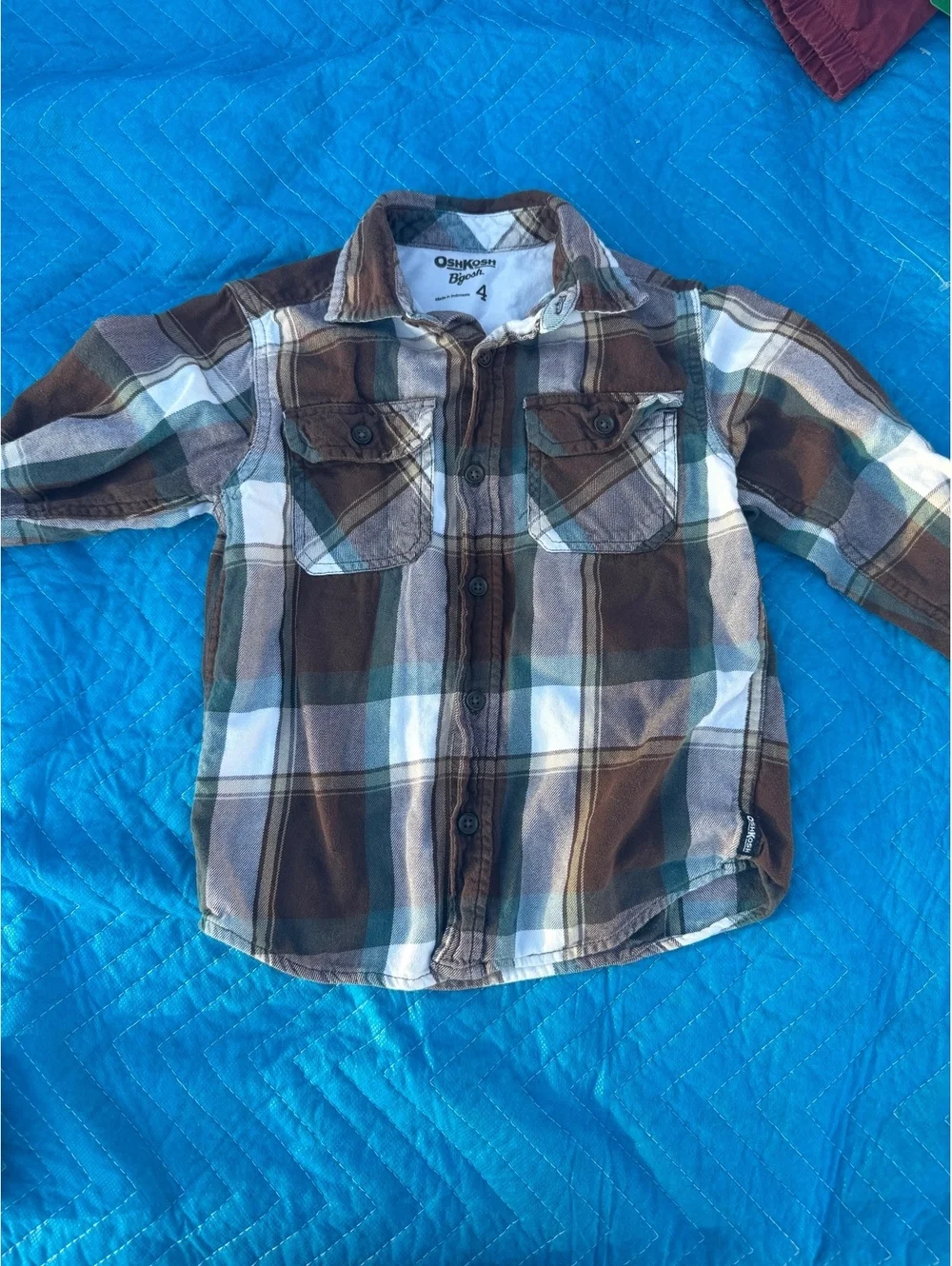 OshKosh B'gosh Plaid Flannel Button Down Shirt Brown Teal Cream Kid's Size 4